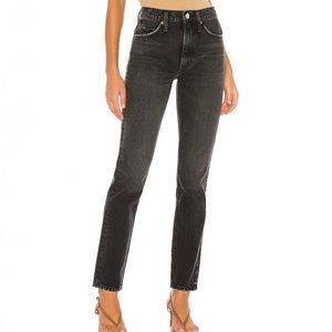 Re/Done 70’s straight black regid Cotten denim lightly distressed jeans.